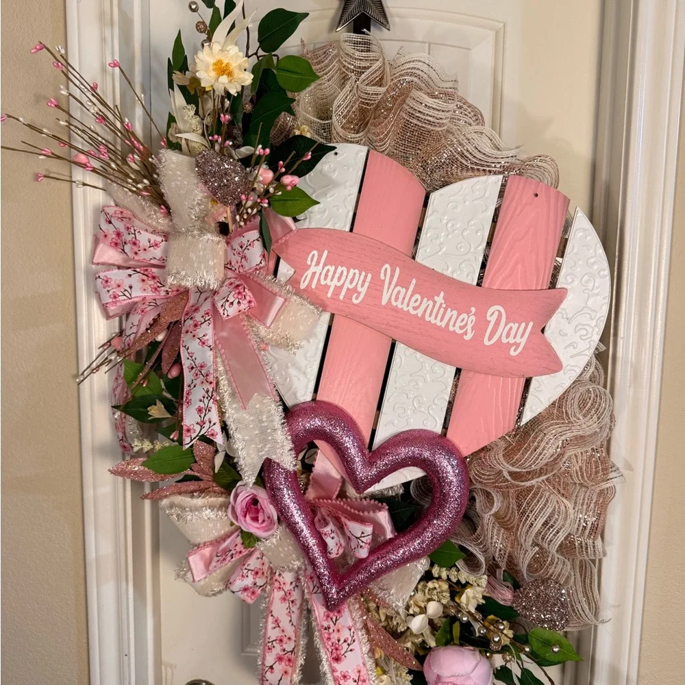 Valentine's Day Heart Wreath with Pink and White Accents